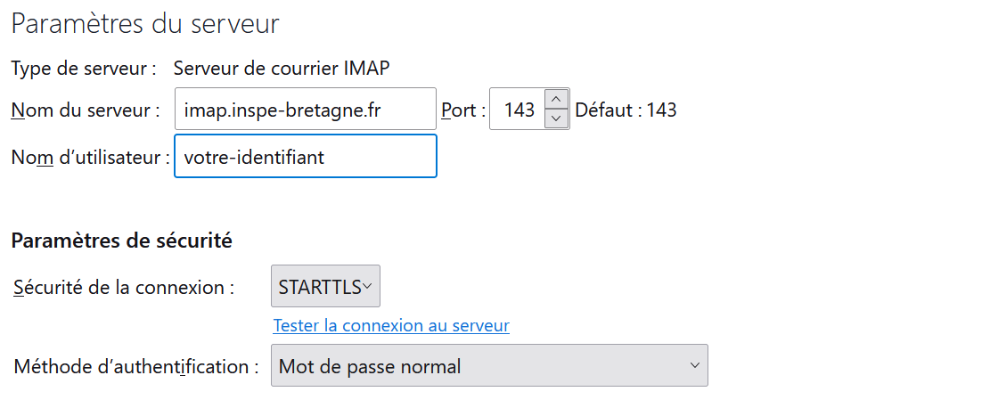 Paramètres de messagerie entrante IMAP